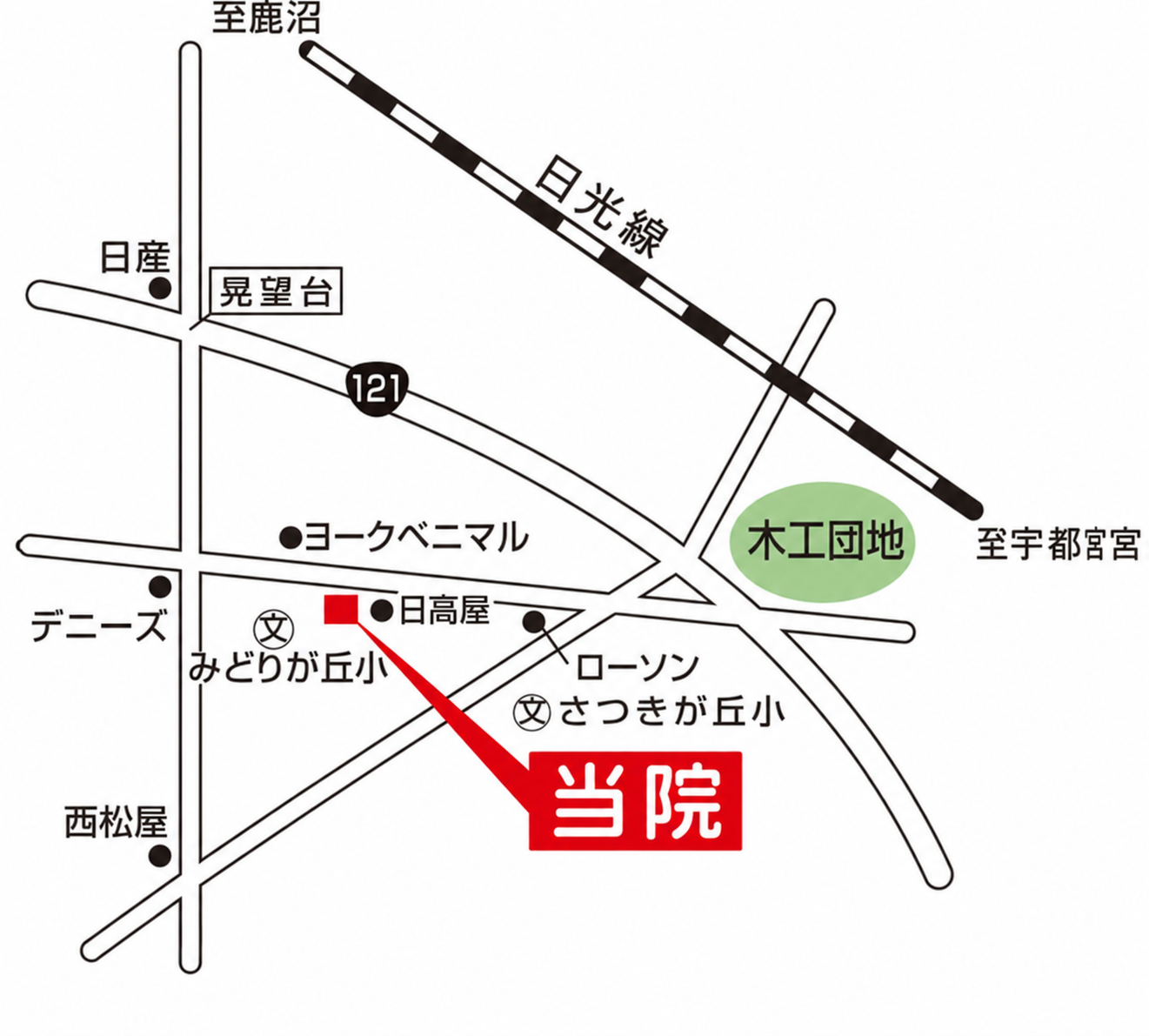 栃木県鹿沼市栄町のはぁーとふる歯科 周辺アクセスマップ（日高屋・鹿沼環状線・目印案内図）